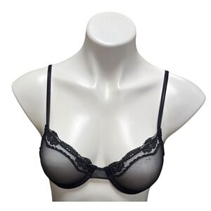 Black Sheer Mesh Lace Trim Balconette Bra 34A Style 07000 VTG 90s